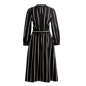 J. Crew Dress Midi Poplin Cinch Waist Women Small Black White Stripe Long Sleeve